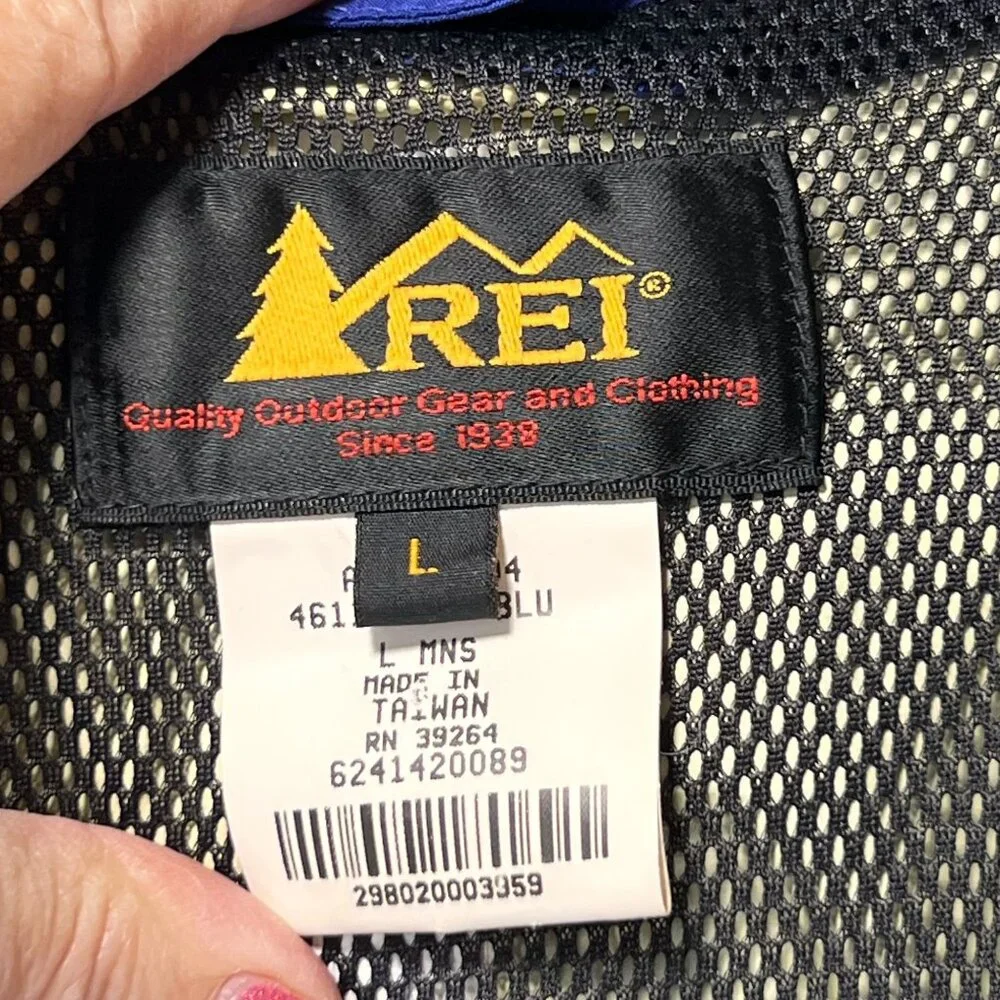 Vtg REI Gore-Tex Hooded Jacket Black Blue Waterproof Mesh Lining Pockets Mens L